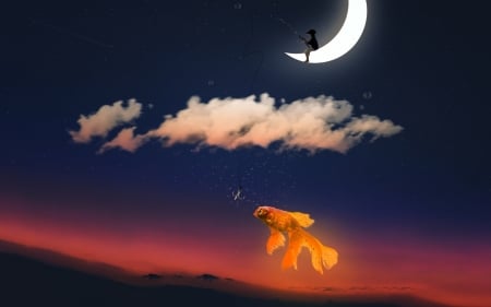 Fishing - moon, silhouette, sky, vara, girl, night, summer, creative, fantasy, cloud, luminos, fish, golden, luna