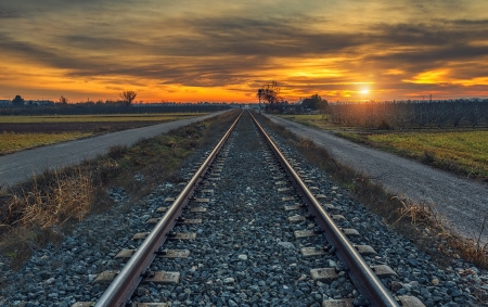 Railway at the sunset - railway, train, cloud, sun