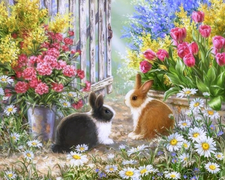 Spring of Garden - attractions in dreams, animals, summer, spring, rabbits, nature, love four seasons, flowers, paintings, garden, butterflies