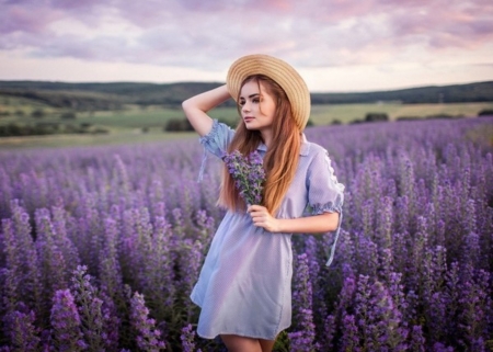 Hello - woman, hat, field, flowers, lavender