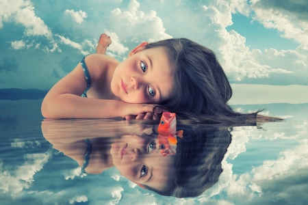 Make a wish - vara, girl, water, summer, child, copil, creative, golden fish, fantasy, cloud, john wilhelm, reflection, sea