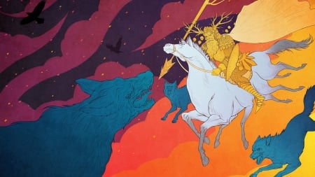 Fenrir - horse, lup, fenrir, art, wolf, fantasy, god, luminos, colorful