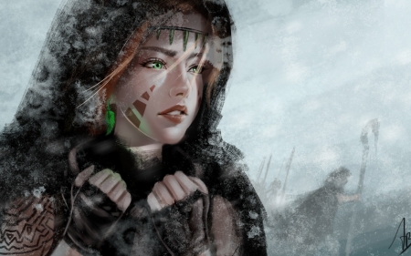 Girl - face, hood, fantasy, winter, girl, art