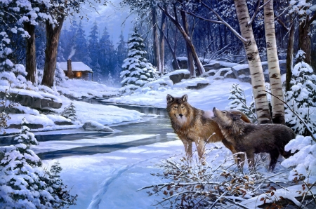 Wolves - winter, wolf, snow, forest, lup, pictura, painting, art, cottage, luminos, george kovach