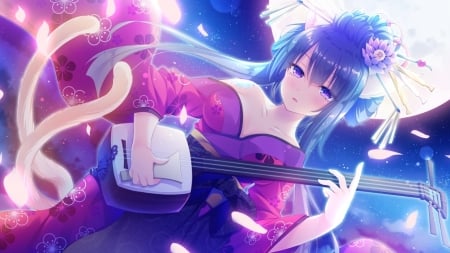 Girl - moon, girl, pink, blue, anime, instrument, luna, manga