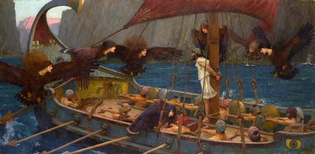 Ulysses and the Sirens - pictura, fantasy, john william waterhouse, 1891, ship, luminos, painting, art