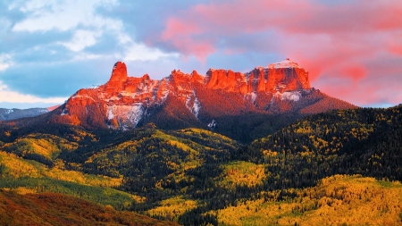 Mountain Sunset - clouds, fall, trees, landscape, mountains, sky