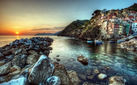 Cinque Terre,Italy - nature, houses, italy, boats, stones, sunset, sea, rocks