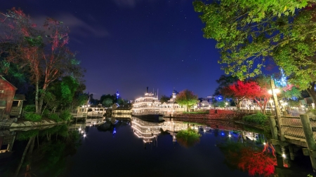 Water Reflection - sky, reflection, river, boat, disneyland, trees, nature, night