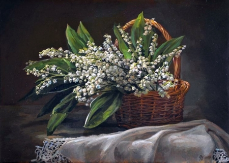 Basket Of Lily Of The Valley - Table, Still Life, Flowers, Lily Of The Valley, Brown, Basket, White