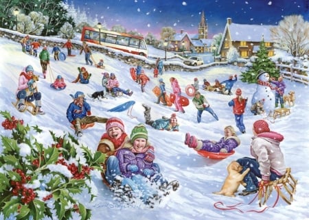 Sledging - winter, people, children, christmas, keit stapleton, sledge, pictura, craciun, painting, iarna, art