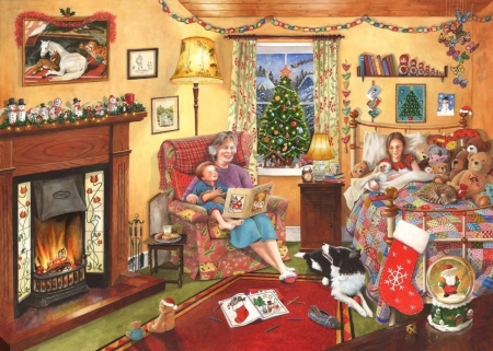 A story for Christmas - story, dog, children, christmas, keit stapleton, pictura, granny, craciun, border collie, painting, caine, mother, art