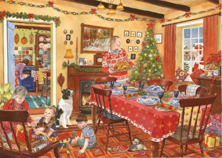 Unexpected guest - craciun, room, child, copil, christmas, caine, painting, art, boy, dog, pictura, keit stapleton, tree, border collie