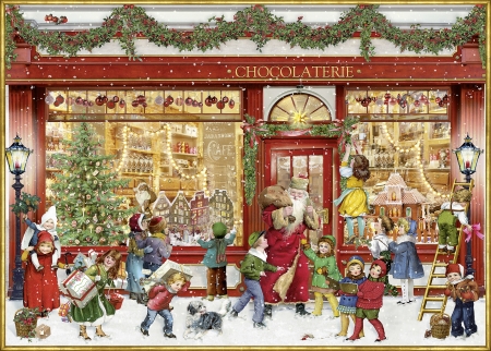 The Chocolate Shop - craciun, christmas, painting, santa, art, children, red, pictura, chocolate shop, alison gardiner, barbara behr