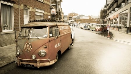 old kombi - street, kombi, volkswagen, building