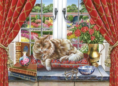 King of the castle - keit stapleton, pisica, red, window, painting, art, cat