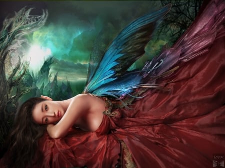 Fairy - changsoon park, blue, girl, frumusete, fantasy, red, wings, fairy, luminos