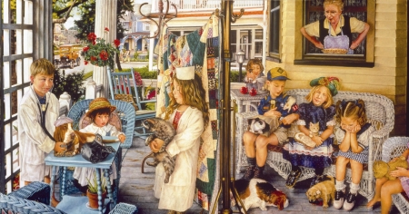 The front porch vet - vet, copil, pet, susan brabeau, painting, art, front porch, children, pictura, animal