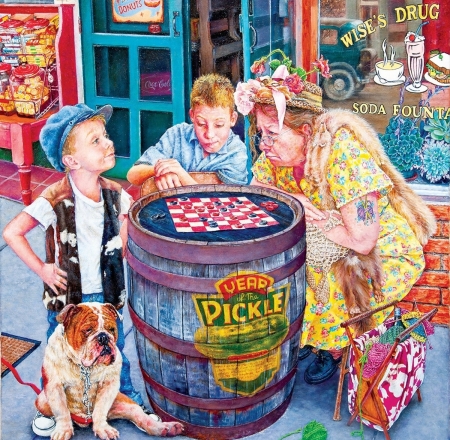 Playing checkers - painting, art, boy, pictura, susan brabeau, old woman