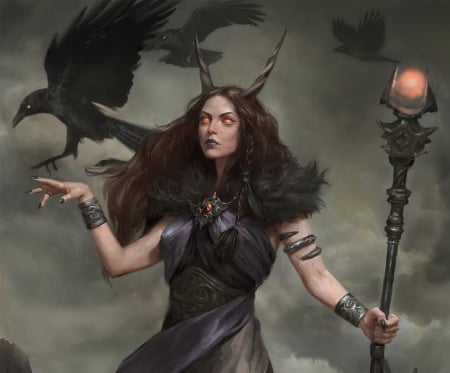 Fantasy girl - bird, raven, girl, dark, horns, black, fantasy, pasare, olga jaworska, art