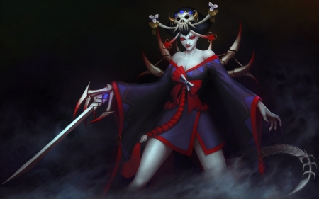 Onmyoji - black, onmyoji, fantasy, red, girl, sword, art, luminos