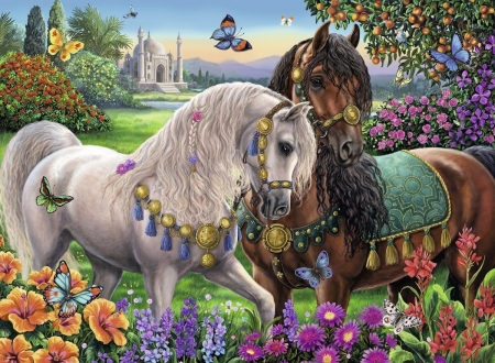 Adorned stallions - painting, frumsuete, art, horse, adorned stallions, cal, flower