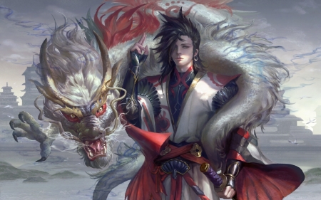 Fantasy - fantasy, white, dragon, red, chinese, man, asian, luminos