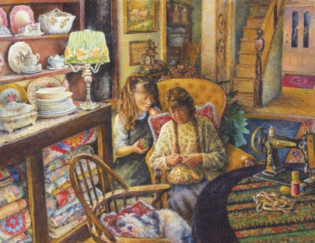 Learning to sew - woman, painting, art, girl, pictura, susan brabeau, sew