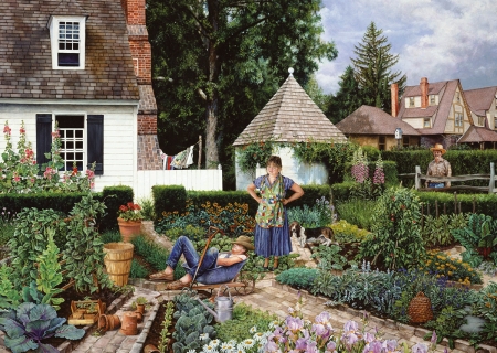 Lazy gardner - woman, painting, art, man, pictura, garden, susan brabeau