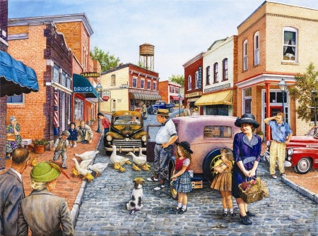 Ducks crossing - susan brabeau, street, duck, pictura, people, painting, cute, art