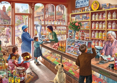 Sweets shop - susan brabeau, dog, sweets, copil, child, pictura, painting, caine, art, shop