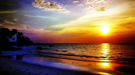 Seashore During Sunset - nature, beach, reflection, shore, sunset, sea