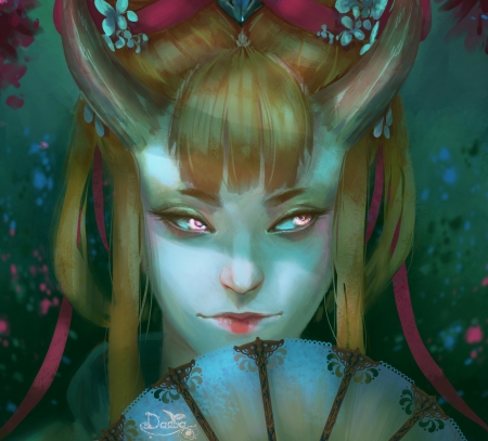 Demon - girl, fantasy, horns, hand fan, face, art, luminos, green, india crews, demon