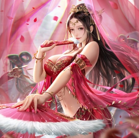 Fantasy girl - li zi, hand fan, girl, luminos, pink, frumusete, fantasy