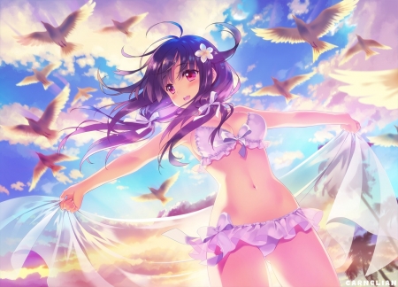 Taigei - bird, anime, carnelian, summer, blue, beach, girl, kantai collection, pink, taigei, manga