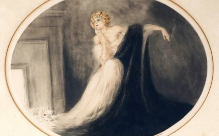 Sappho - paintign, louis icart, girl, fur, black, pictura, sappho, woman, art