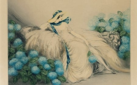 Lady with blue flowers