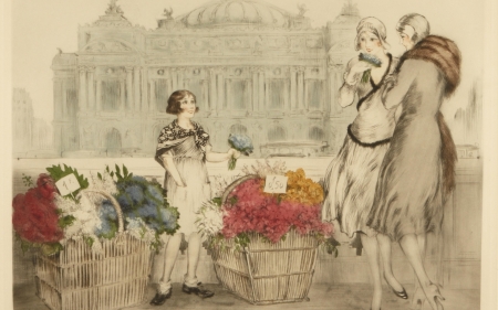 Paris flowers - street, paris, woman, painting, louis icart, girl, flower