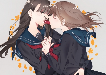 Cherry Kiss - Embrace, Anime Girl, Red Nails, Anime, Anime Couple, Yuri, Long Hair, Eyes Closed, Eating, Seifuku, Fruit, Black Hair, Anime Lovers, Brunette, Lovers, Petals, School uniform, Cherry, Holding Hands, Couple, Big Eyes