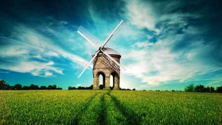 Windmill - sky, scenic, clouds, blue, greenery, windmill, grass