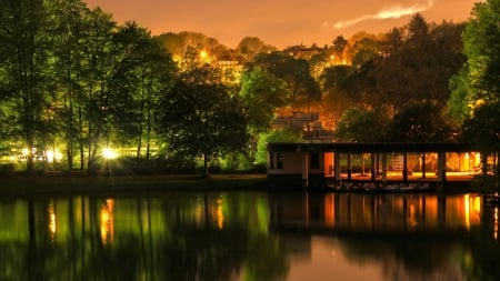 Dreamy Night - river, trees, nature, lights, landscape, bayou, night, reflection