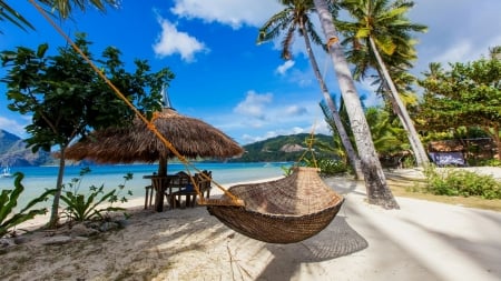 Dreamy Vacation - clouds, sandy, Nature, summer, beach, ocean, resort, palm