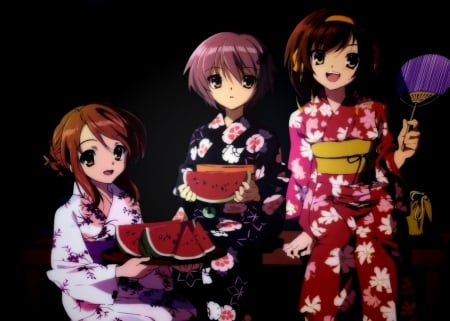 Watermelon And Hand Fan - anime, watermelon, fantasy, hand fan