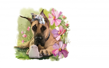 My furry friends - lorri kajenna, dog, flower, pink, cat, fantasy, pisica, caine, art