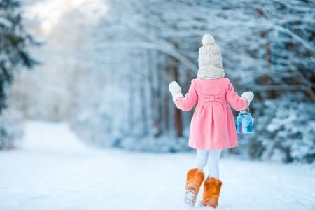 Little girl - girl, hat, pink, iarna, blue, winter, child, copil