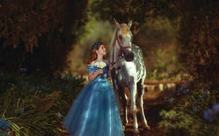 Little Cinderella - blue, dress, girl, flower, copil, horse, child, cinderella, princess, little