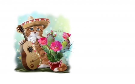 Amigo - hat, lorri kajenna, flower, pink, cat, guitar, fantasy, pisica, amigo, art, luminos