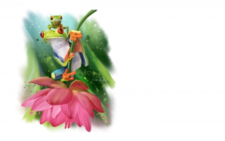 I love frogs - fantasy, green, lorri kajenna, flower, art, pink, frog