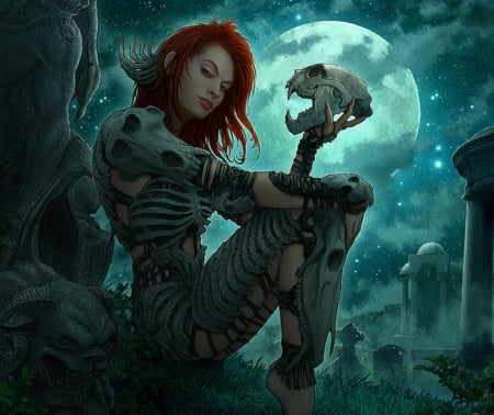 Defiler of the Moon - skull, moon, girl, fantasy, luminos, blue, kerem beyit, green, luna