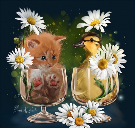 My chamomiles - bird, lorri kajenna, daisy, cat, duckling, fantasy, pisica, chamomile, kitten, paw, pasare, cute, art, glass